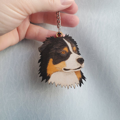 Australian shepherd shaped wooden keychain handmade tricolor 