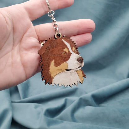 red australian shepherd shaped wooden keychain handmade