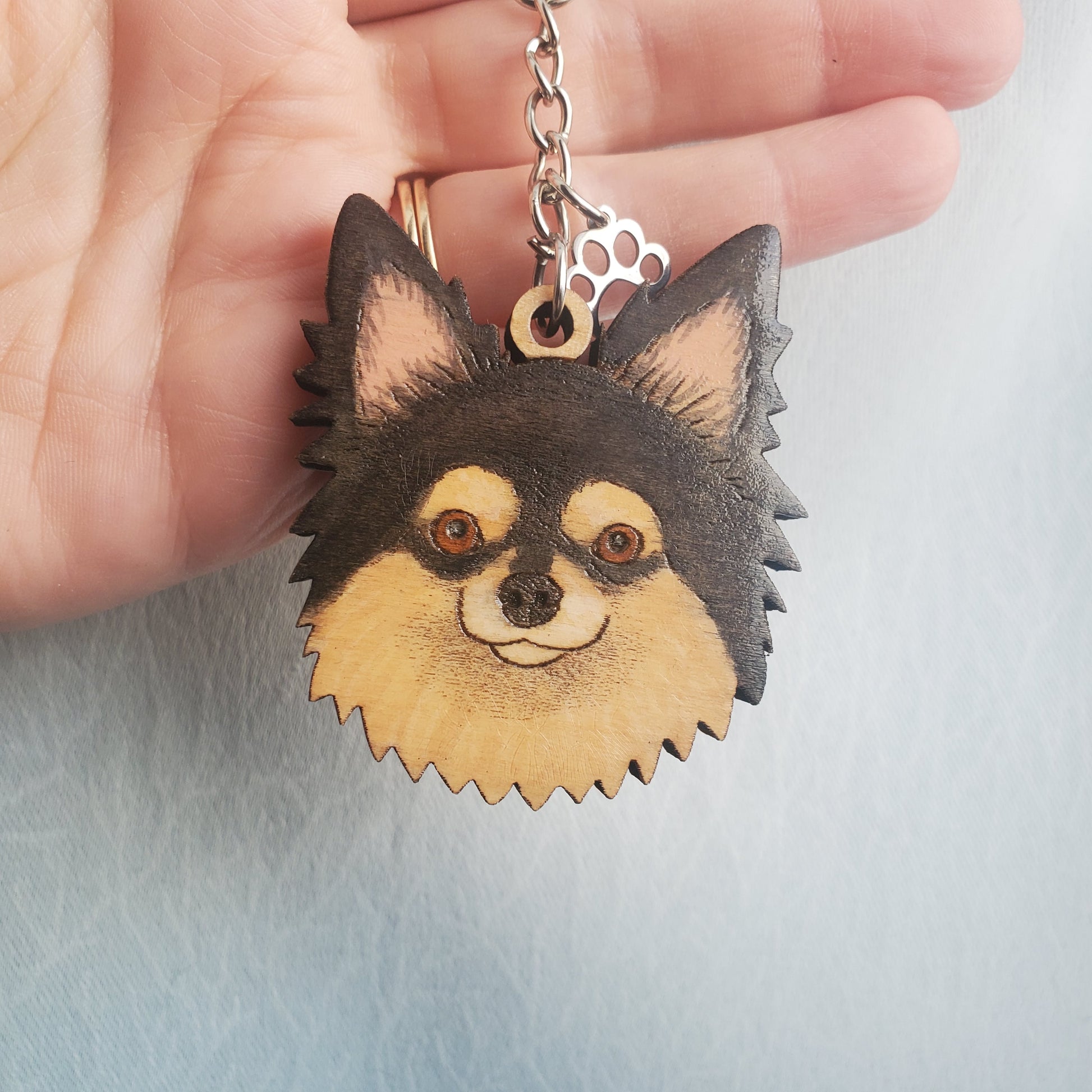 longhaired chihuahua wooden keychain handmade