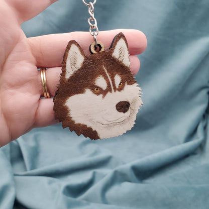 red husky dog shaped wooden keychain handmade painted