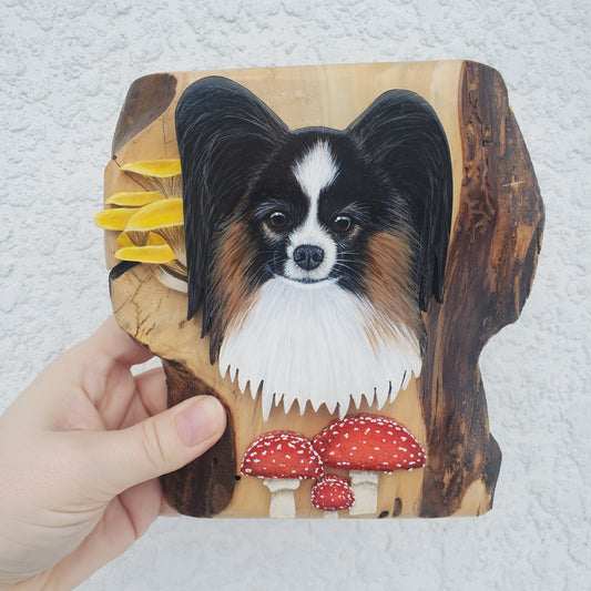 Wooden plank with a dog and mushroom painting